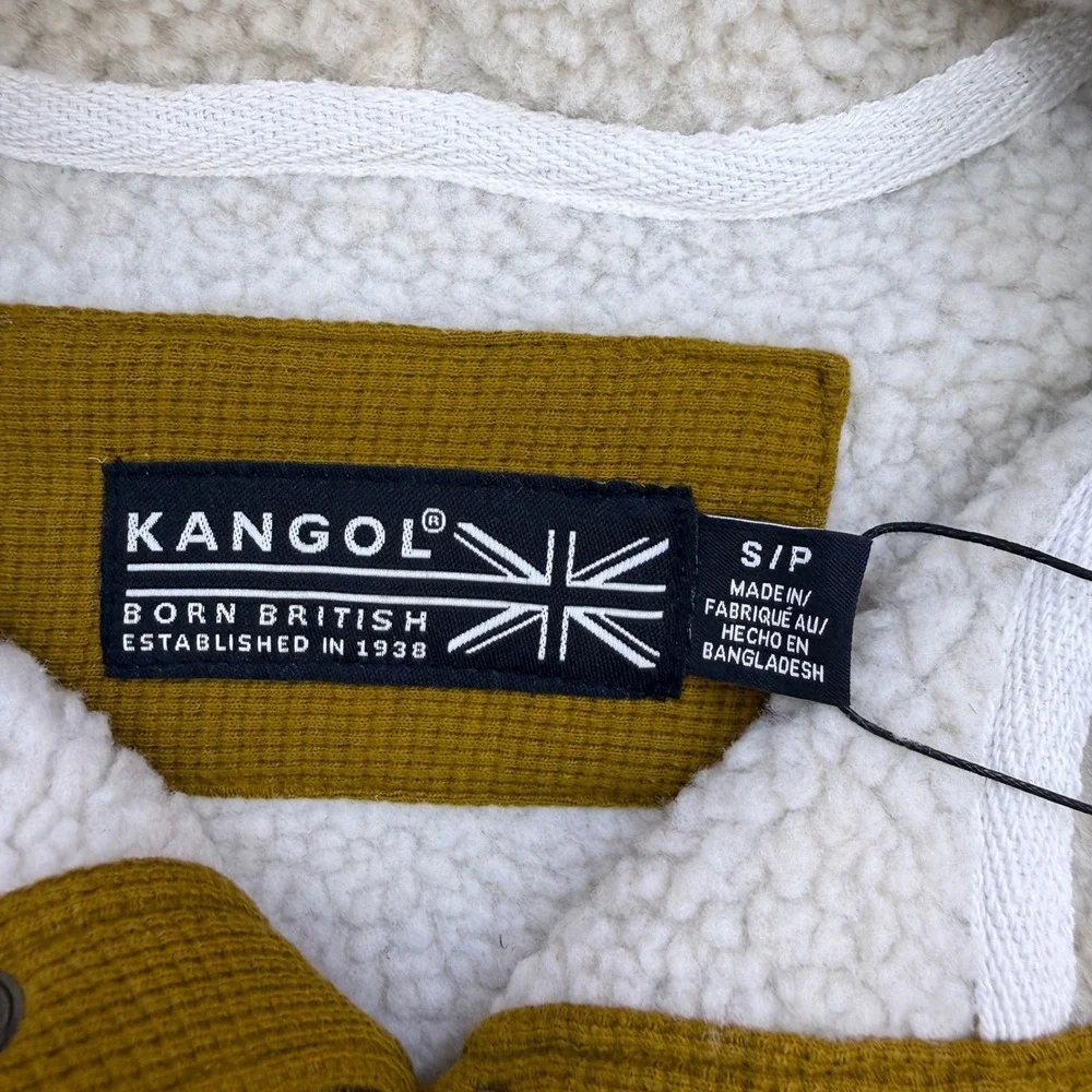 Kangol Hoodie Mens Small Mustard Yellow Sherpa Lined Waffle Knit Henley Pullover - Picture 8 of 9